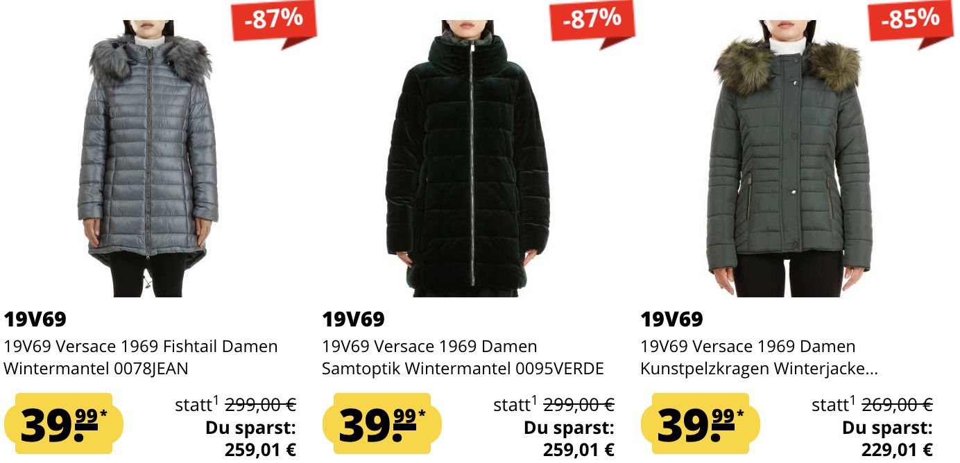 19V69 Versace Damen Winterjacken für je 39,99€ + 5€ Gutschein ab 60€