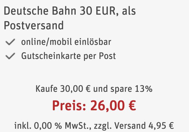 30€ Geschenkkarte der Deutschen Bahn für 26€ zzgl. VSK