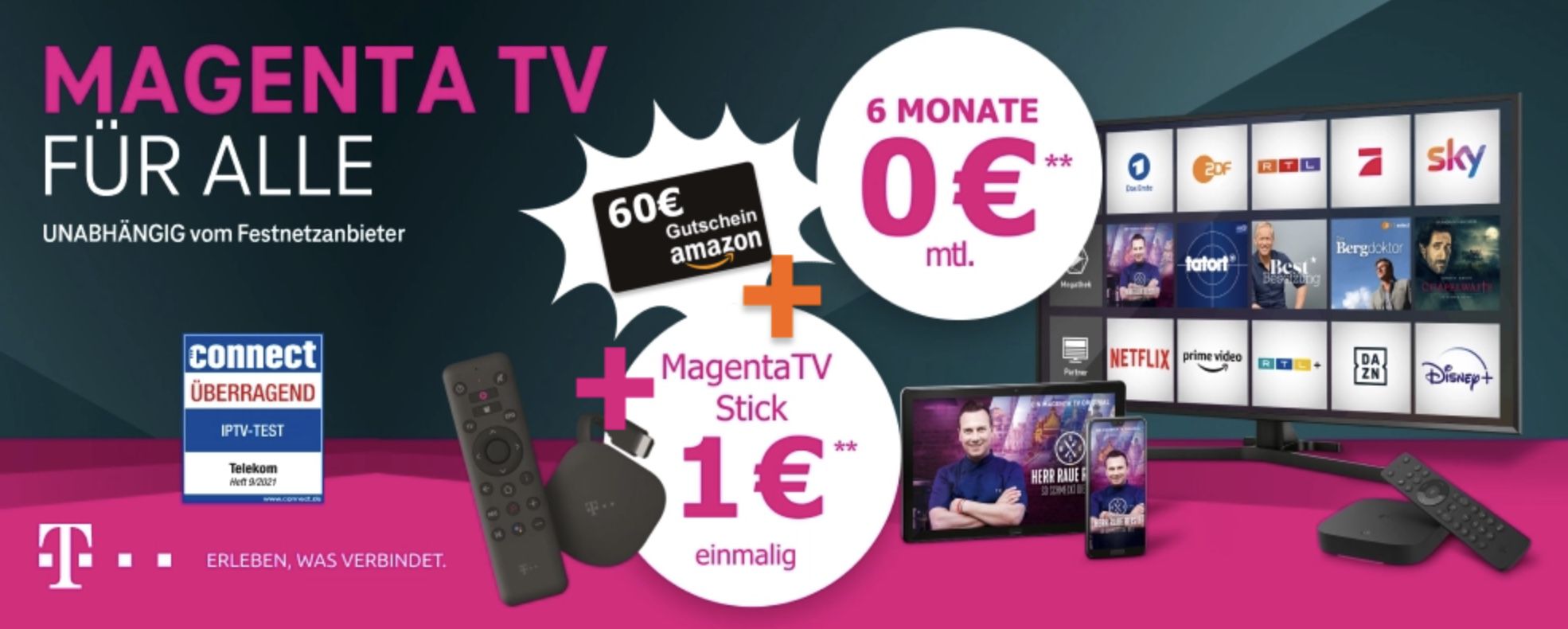 Telekom Magenta TV Smart mit über 100 Sender inkl. RTL+ Premium für 7,50€ mtl. + 60€ Amazon Gutschein