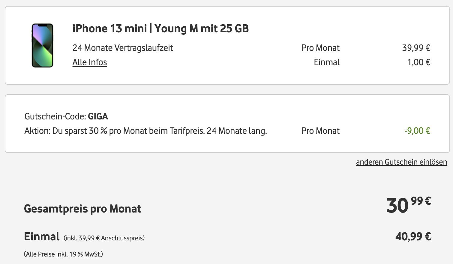 Junge Leute: Apple iPhone 13 mini mit 128GB für 1€ + Vodafone Allnet Flat mit 25GB LTE/5G für 30,99€ mtl.