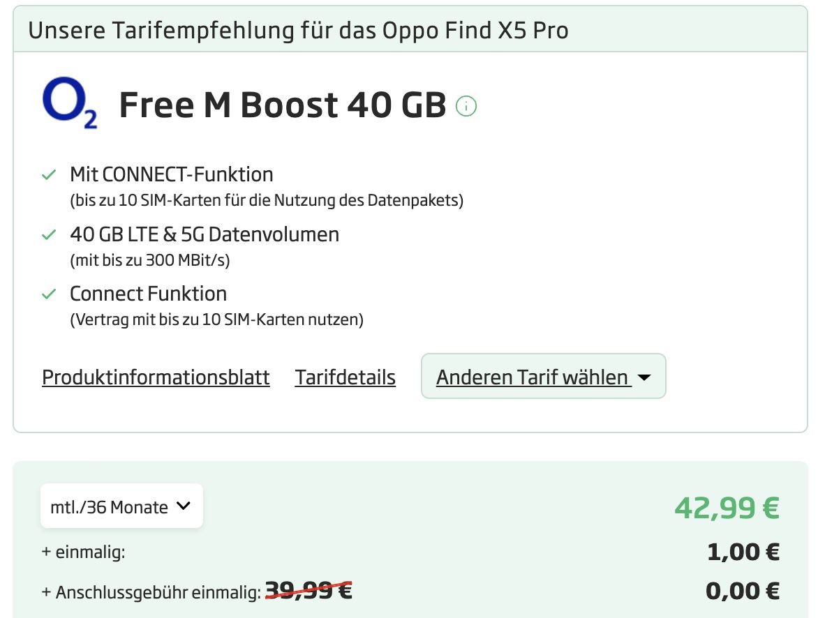 Oppo Find X5 Pro mit 256G + Kopfhörer + Sport Band für 1€ + o2 Allnet Flat mit 40GB LTE/5G für 42,99€ mtl.