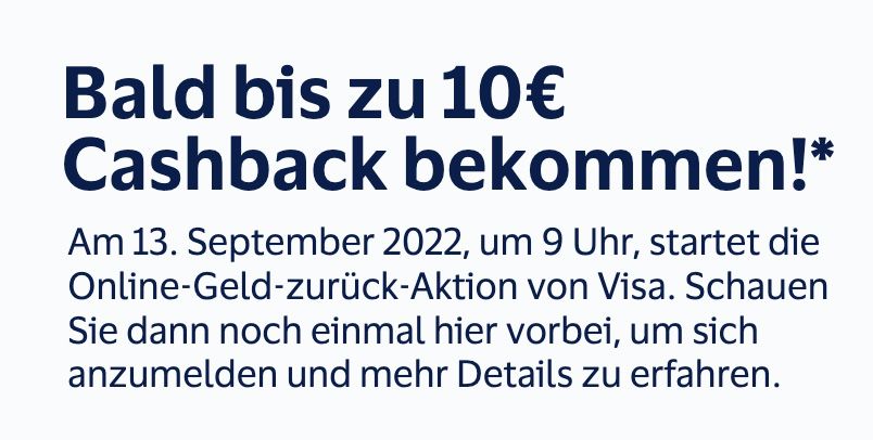 Visa: bis 10€ Cashback für Online Zahlungen mit Staffelung