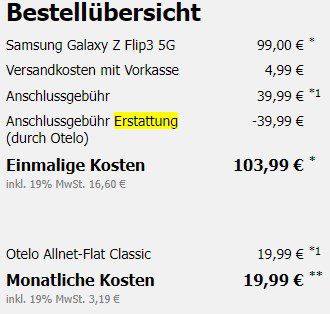 Samsung Galaxy Z Flip3 5G mit 128GB für 99,00€ + Vodafone Allnet Flat inkl. 15GB LTE (50 Mbit/s) für 19,99 mtl.