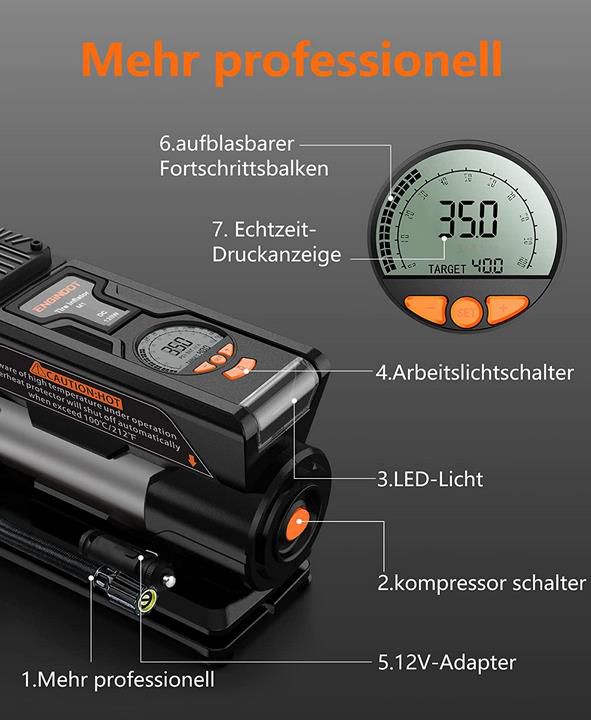 ENGINDOT 10 bar Luftkompressor mit LC Display, LED Taschenlampe und Adapter Set für 32,19€ (statt 46€)