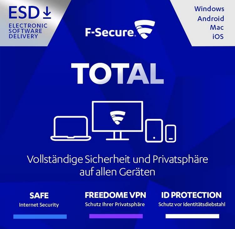 F Secure TOTAL Security und VPN   2 Jahre / 3 Geräte für Multi Plattform für 30,50€ (statt 43€)