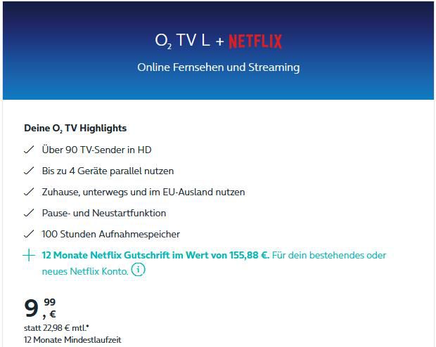 o2 TV L + 12 Monate Netflix Gratis ab 9,99€ mtl.
