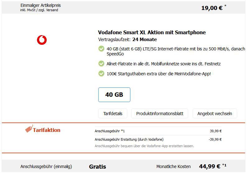 Apple iPhone 13 mit 128GB + Netzteil für 19€ + Vodafone Allnet Flat mit 40GB für 44,99€ mtl. + 100€ Startguthaben