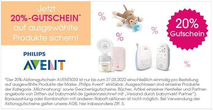Babymarkt: 20% Rabatt auf ausgewählte Philips Avent Produkte   z.B. Philips Avent DECT Babyphone SCD735/26 für 96,71€ (statt 121€)