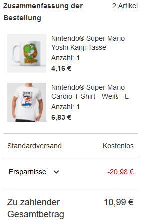 Zavvi: 50% Rabatt auf Nintendo Kleidung und Accessoires oder Tasse + T Shirt für 10,99€ inkl. Versand