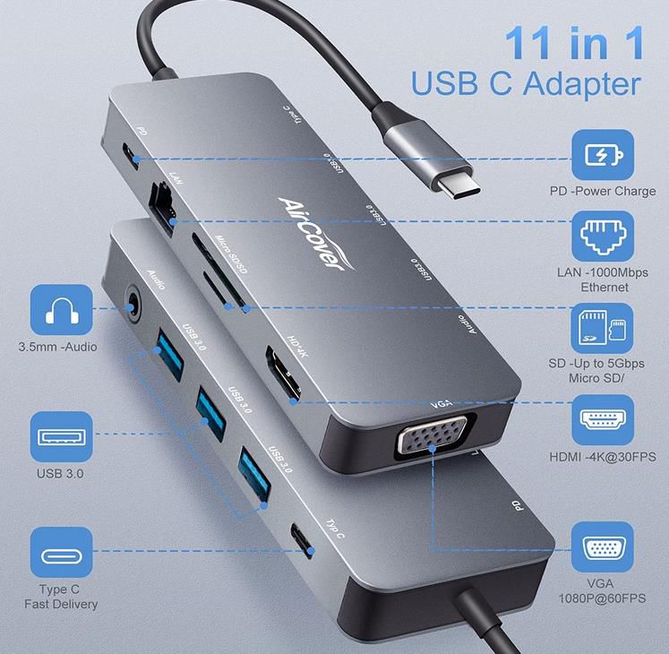 Aircover USB C Adapter 11in1 Hub mit 4K 30Hz HDMI und DP für 31,49€ (statt 70€)