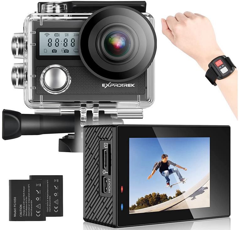 Exprotrek 4k Action Cam mit 20MP Ultra HD + Fernbedienung, und 2 Akku und Helmzubehör Kit für 27€ (statt 90€)