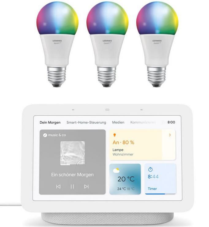 Google Nest Hub (2. Generation) + Ledvance SMART+ WiFi Classic A60 RGBW E27 3er Set für 79€ (statt 94€)