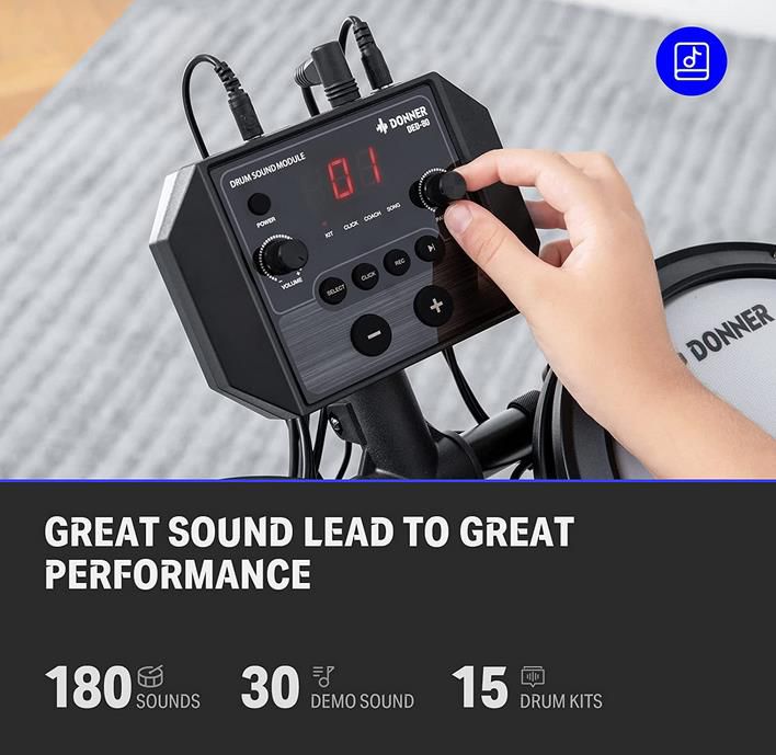 Donner DED 80 E Schlagzeug mit 180 Sounds, Heavy Duty Pedalen, Schlagzeughocker, Sticks & Kopfhörer für 259,99€ (statt 310€)