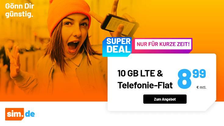 Sim.de: o2 Tarif mit Allnet Flat inkl. 10GB LTE für 8,99€ mtl.   auch ohne Laufzeit buchbar