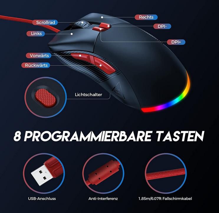 EKSA EM500 Gaming Maus mit 12,4K DPI und 8 programmierbaren Tasten für 14,99€ (statt 25€)