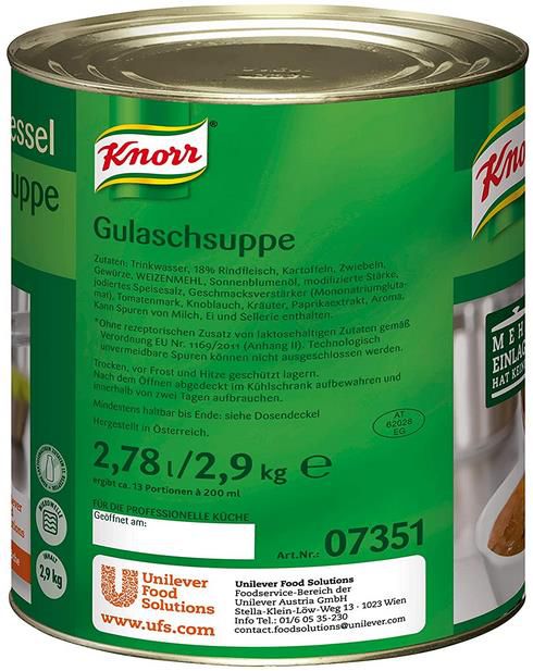 2,9 Kg Knorr Meisterkessel Gulaschsuppe, servierfertig, authentischer Geschmack ab 11,96€ (statt 16€)   Prime Sparabo
