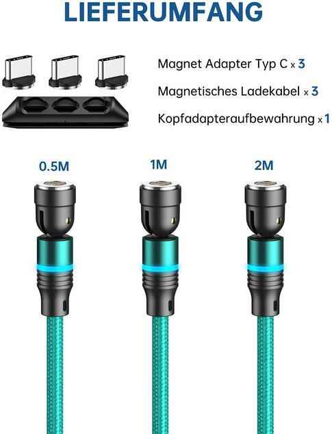 3er Set Jeeree Magnetisches USB C Ladekabel mit Schnellladefunktion für 9,99€ (statt 20€)