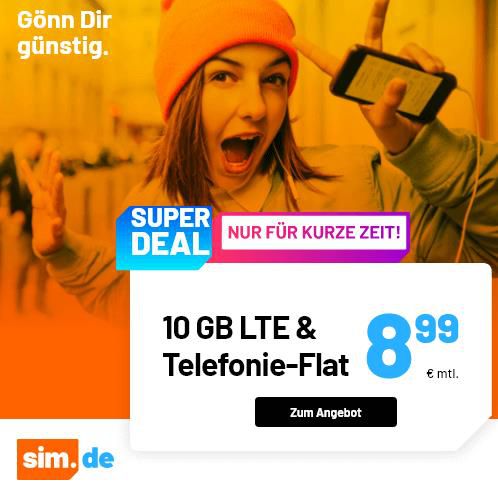 Sim.de: o2 Tarif mit Allnet Flat inkl. 10GB LTE für 8,99€ mtl.   auch ohne Laufzeit buchbar