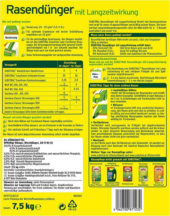 Substral Rasendünger mit Langzeitwirkung   100 Tage Langzeitdüngung für 750 m², 15 kg für 27,08€ (statt 40€)   Prime