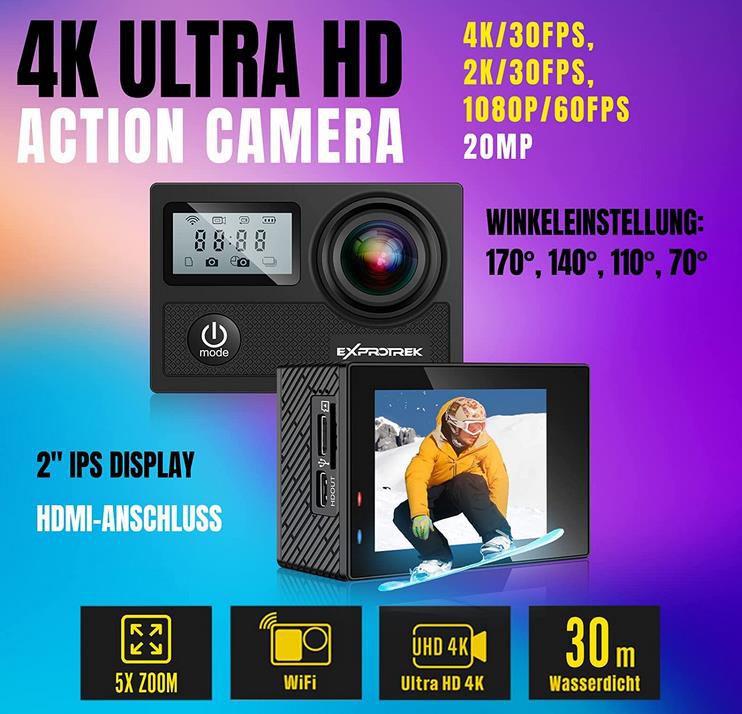 Exprotrek 4k Action Cam mit 20MP Ultra HD + Fernbedienung, und 2 Akku und Helmzubehör Kit für 27€ (statt 90€)