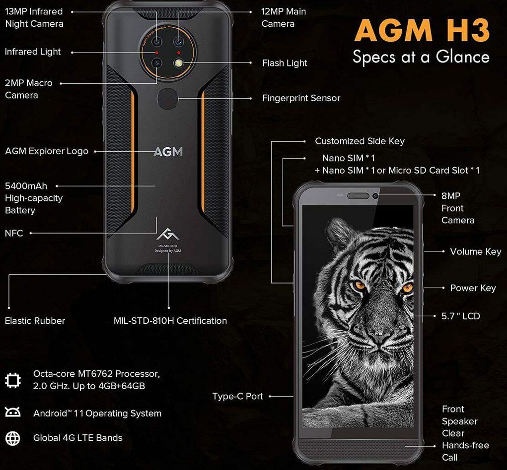 AGM H3 Outdoor 5,7 Zoll Smartphone mit Nachtsichtkamera, 64GB & 5400mAh für 184,19€ (statt 200€)
