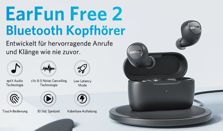 EarFun Free 2 BT 5.2 TWS InEar Kopfhörer mit Rauschunterdrückung, IPX7 & bis zu 30h Spielzeit für 21,99€ (statt 44€)