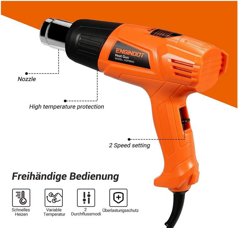 Engindot Heißluftpistole mit 2 Temperaturregelungen (350℃  550℃), inkl. 4 Aufsatzdüsen für 20,99€ (statt 30€)