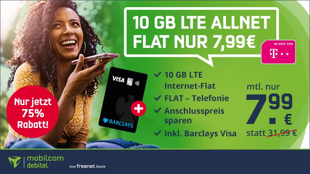 🔥 Telekom Allnet Flat mit 10GB LTE für 9,99€ mtl. oder mit gebührenfreier Barclay VISA für 7,99€ mtl.