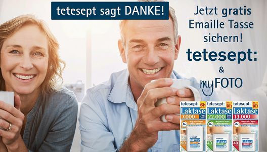 Mit dem Kauf von tetesept Laktase personalisierte Emailletasse gratis abholen