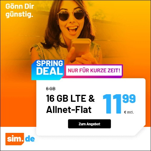 Sim.de: o2 Tarif mit 16GB LTE + Allnet Flat für 11,99€ mtl. + nur 1 Monat Laufzeit