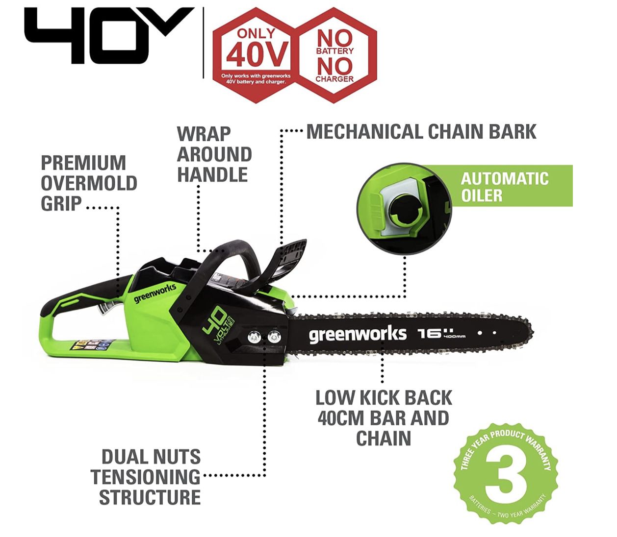 Greenworks Tools GD40CS18 Akku Kettensäge ohne Akku und Ladegerät für 159,99€ (statt 190€)