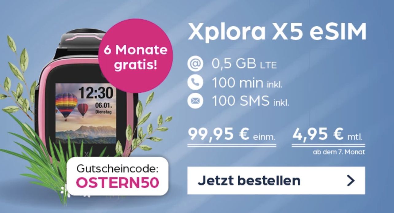 Xplora X5 Play + 12 Monate Telekom Smart Connect für insgesamt 129,65€   die ersten 6 Monate keine Grundgebühr!