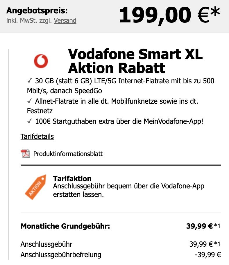 Samsung Galaxy S22+ 5G für 199€ + Vodafone Allnet Flat mit 30GB LTE/5G für 39,99€ mtl.