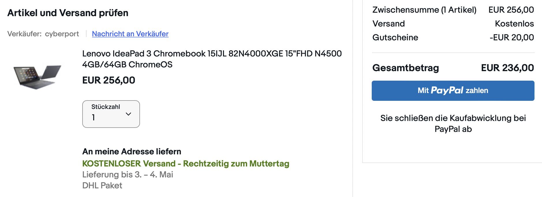 Lenovo IdeaPad 3    15 Zoll Chromebook mit 4GB/64GB für 236€ (statt 292€)