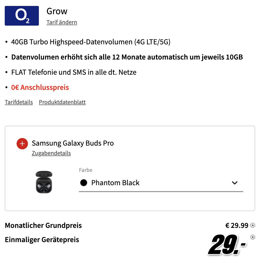 Samsung Galaxy Z Flip3 5G mit 128GB + Buds Pro für 29€ + o2 Grow Allnet Flat inkl. 40GB LTE/5G für 29,99€ mtl.