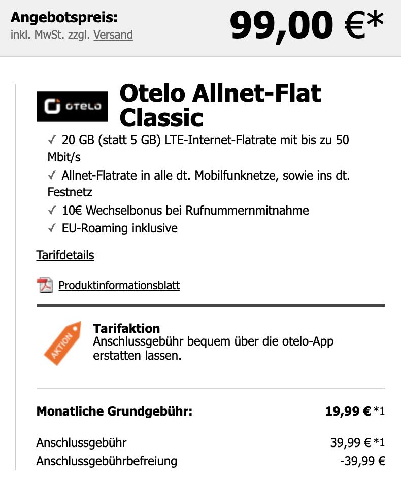 Apple iPhone SE (2022) mit 128GB für 99€ + Vodafone Allnet Flat mit 20GB LTE für 19,99€ mtl.