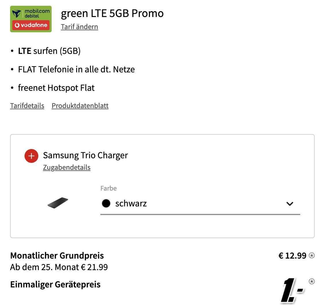 Samsung Galaxy A53 5G mit 128GB + Samsung Trio Charger für 1€ + Vodafone Allnet Flat mit 5GB LTE für 12,99€ mtl.