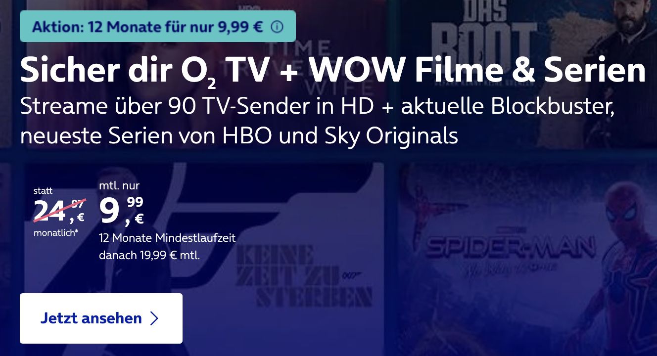 Bestandskunden: o2 TV L (90 TV Sender in HD) für 9,99€ mtl. + 1 Jahr WOW Filme + Serien GRATIS