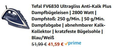 Tefal FV6830 Ultragliss Dampfbügeleisen für 41,59€ (statt 67€)
