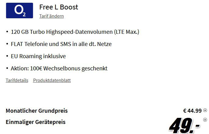 Apple iPhone 13 mit 128GB für 49€ + o2 Allnet Flat mit 120GB LTE für 44,99€ mtl. + 100€ Wechselbonus