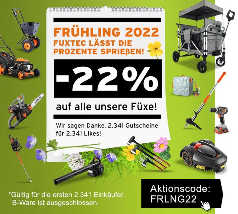 Fuxtec Spring Sale mit 22% Rabatt auf ALLES &#8211; z.B. Rasenmäher FX-RM4646 für 260,52€ (statt 319€)