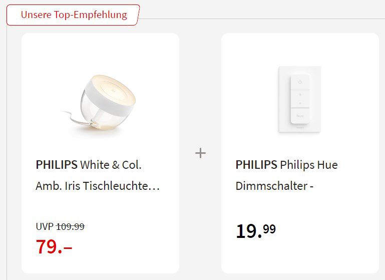Philips Hue White & Col. Amb. LED Tischleuchte Iris + Dimmschalter für 79,99€ (statt 98€)