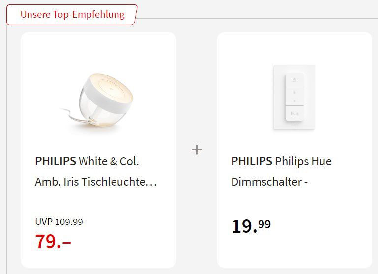 Philips Hue White & Col. Amb. LED Tischleuchte Iris + Dimmschalter für 79,99€ (statt 98€)