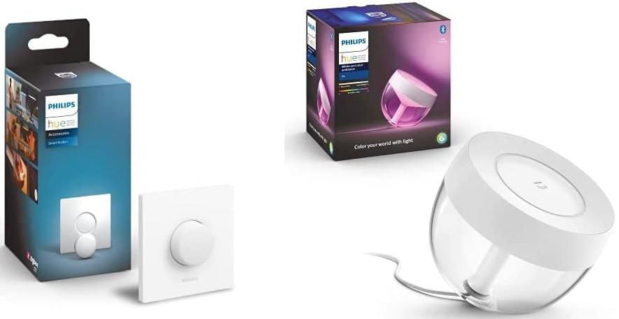 Philips Hue White & Col. Amb. LED Tischleuchte Iris + Philips Hue Smart Button für 79,99€ (statt 96€)
