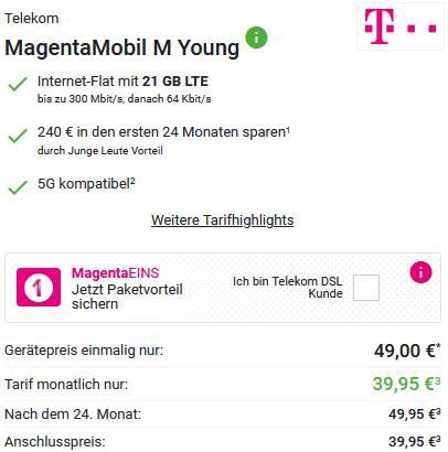 Apple iPhone 13 mit 128GB für 49€ + Telekom Allnet Flat mit 21GB LTE für 39,95€ mtl.   Bis 28 Jahre