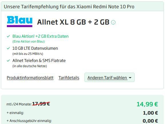 Xiaomi Redmi Note 10 Pro mit 128GB + Xiaomi Redmi Buds 3 für 1€ + o2 Allnet Flat mit 10GB LTE für 14,99€ mtl.