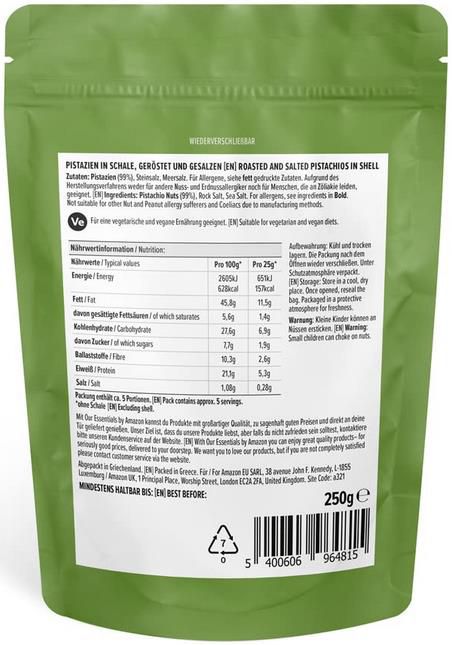 Our Essentials by Amazon Pistazien geröstet & gesalzen, 250g ab 3,26€