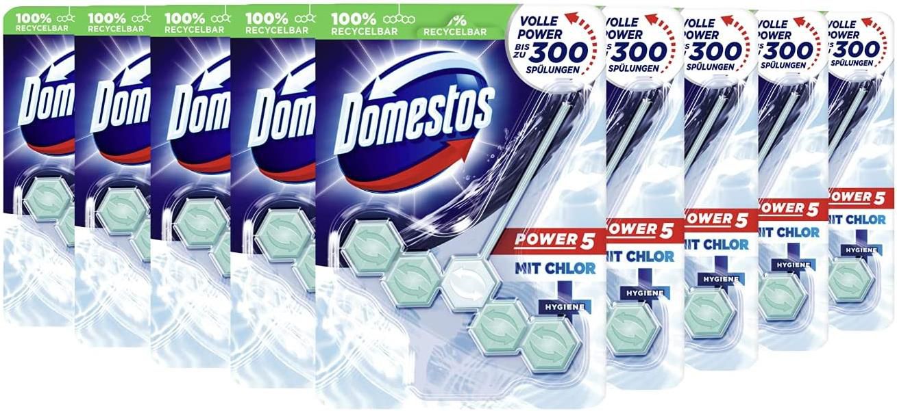 9er Pack Domestos Power 5 WC Stein mit Chlor 9 x 55g für 9,56€ (statt 12€)   Prime