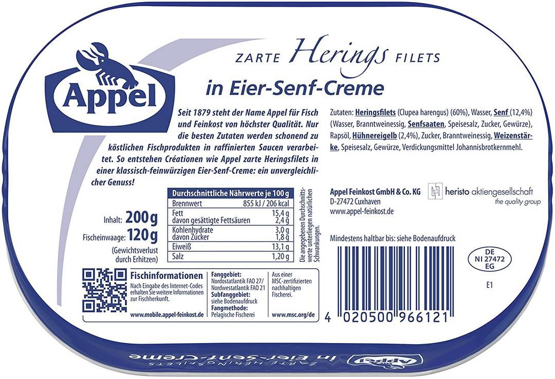 10er Pack Appel Heringsfilets in Eier Senf Creme, 10 x 200g ab 9,18€ (statt 16€)   Prime Sparabo