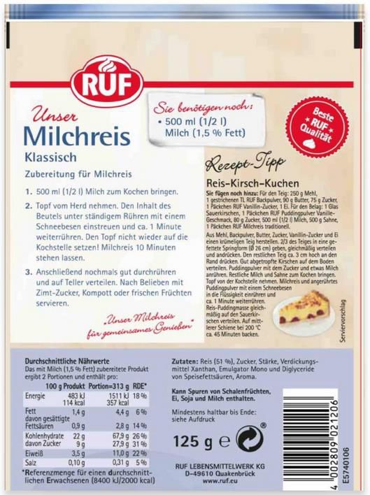 16er Pack RUF Milchreis Klassisch 16x125g ab 9,60€ (statt 12€)   Prime Sparabo